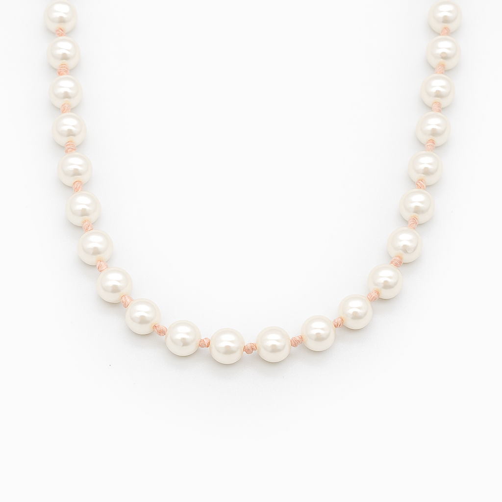 hand knotted shell Pearl necklace on a white background