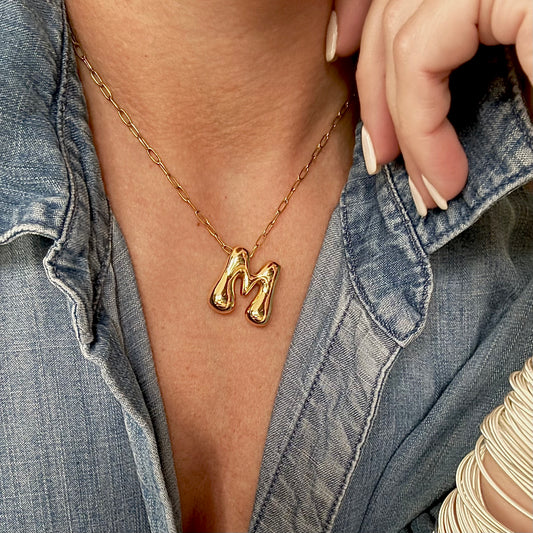 Gold Bubble Letter Necklace on Model