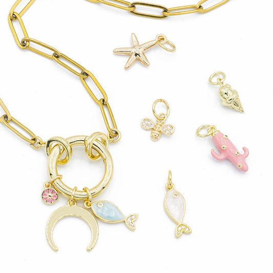 Gold necklace chain with variety of charms