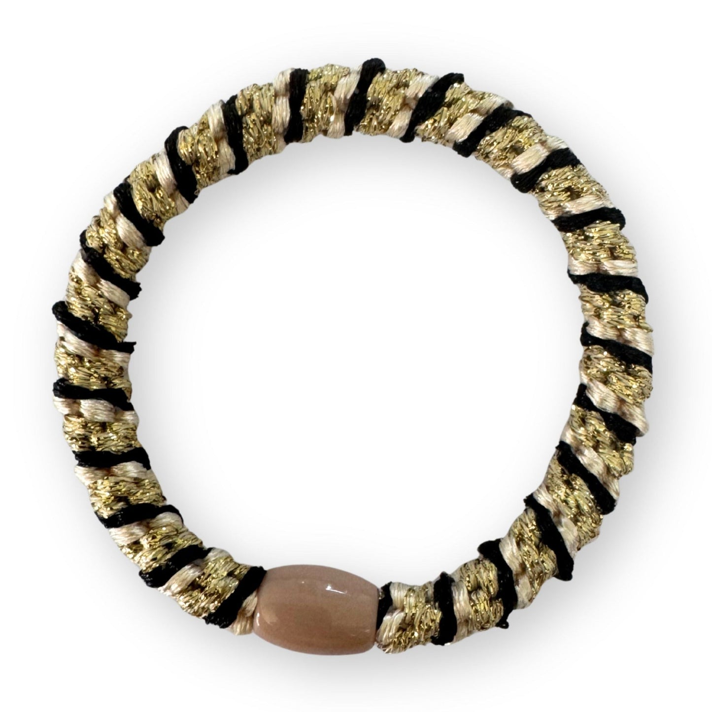 Hair tie with black and gold on a white background