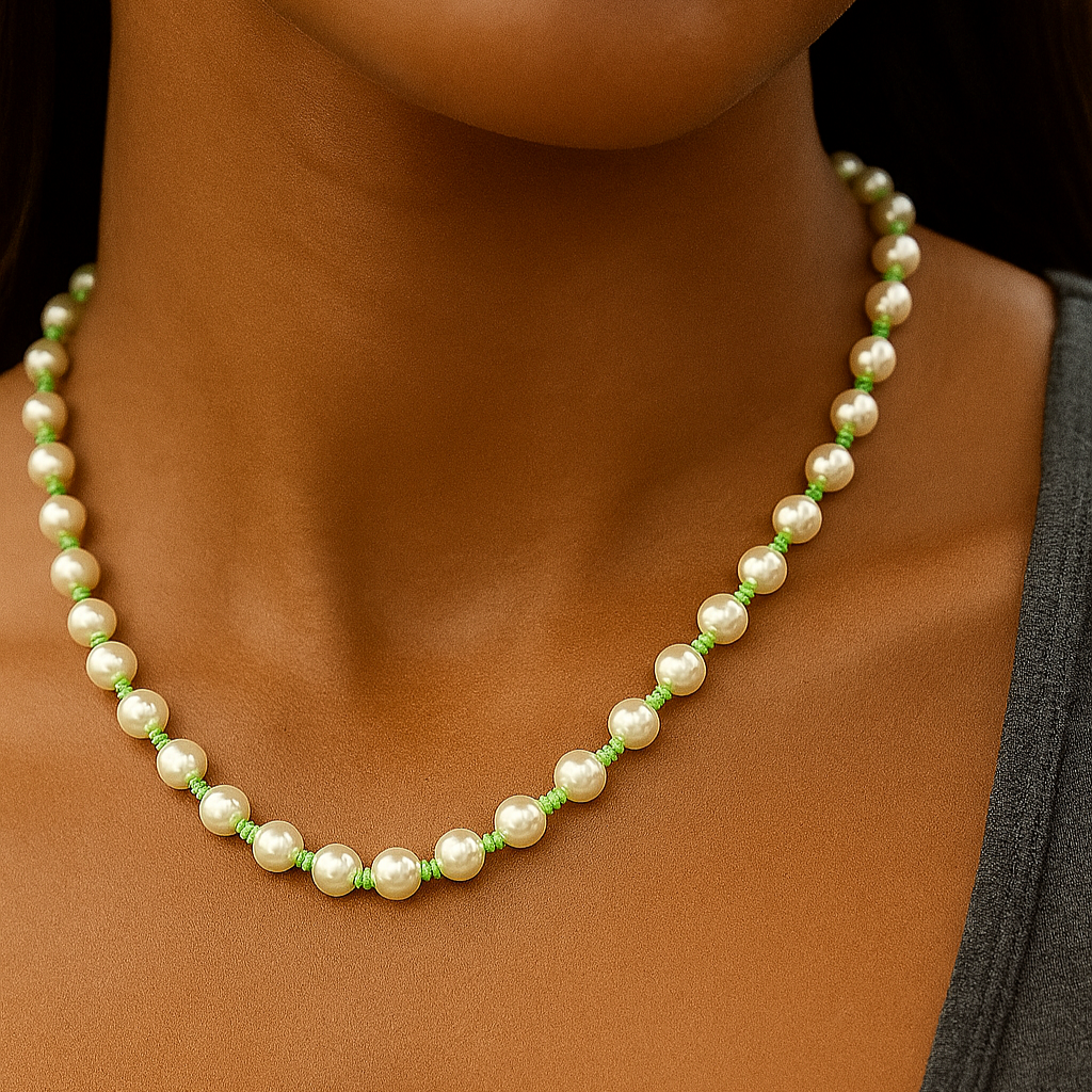 Hand knotted Pearl necklace worn by a model against a dark background