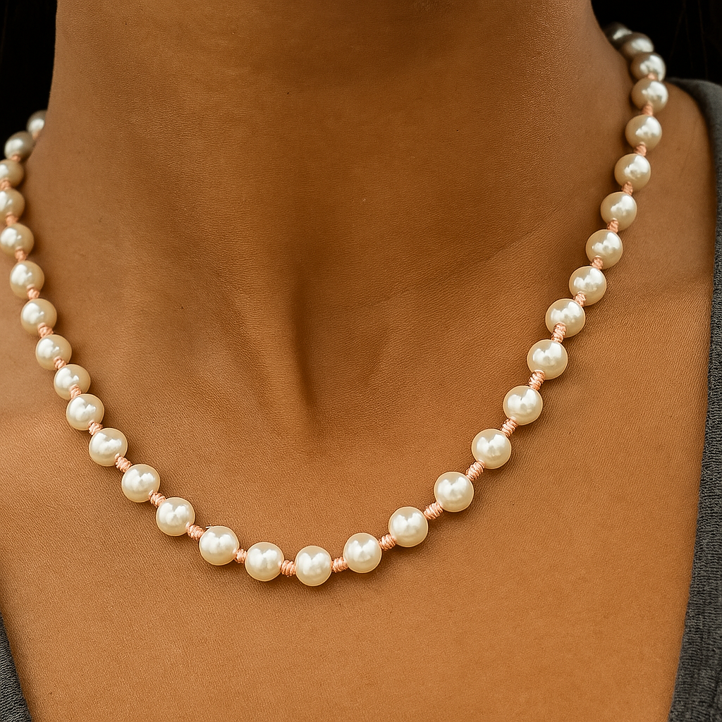 Hand knotted shell pearl necklace with pink thread