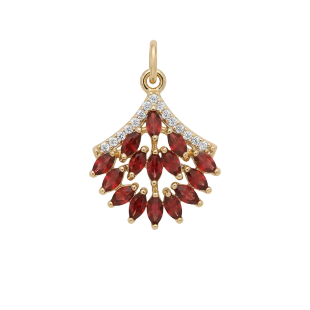 18x21mm red crystal fan charm in gold-plated metal with jump ring