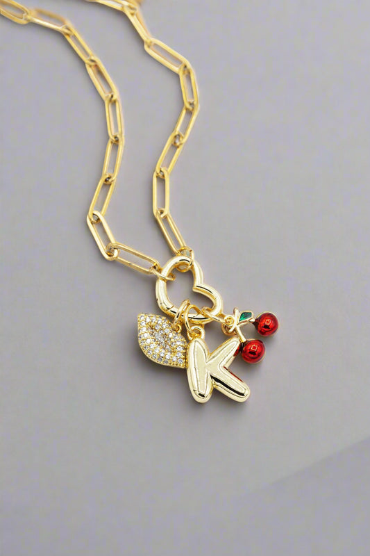 Small Gold Bubble Letter K Charm show with Heart Charm nexclace including Lips and Cherries