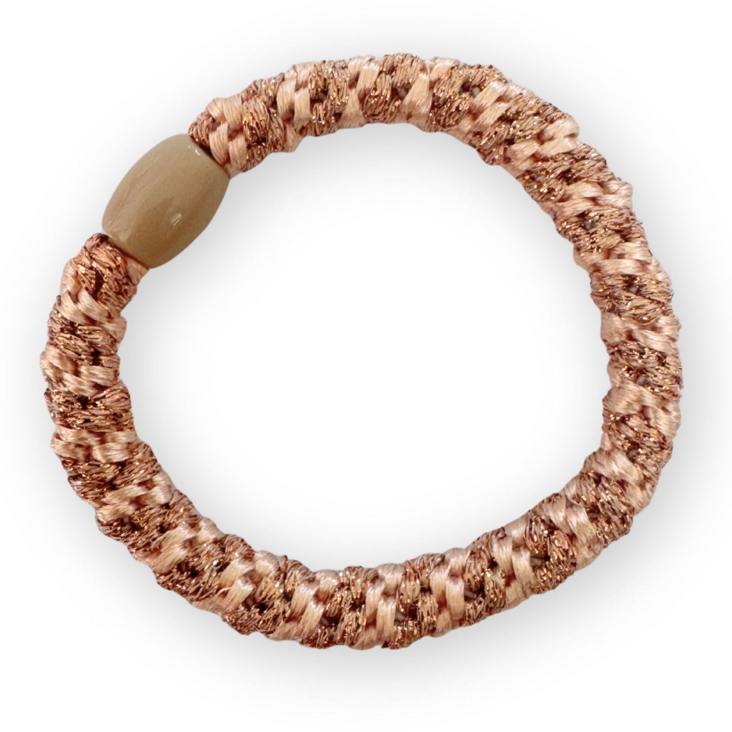 Textured hair tie with a beige bead on a white background
