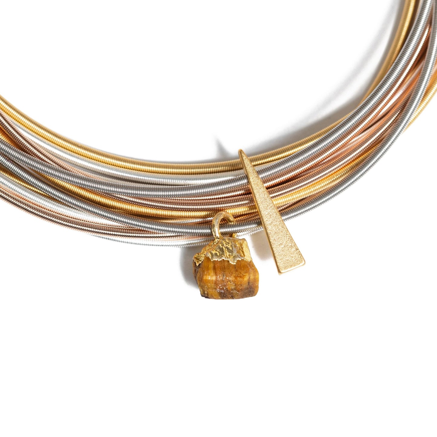 Balance Bundled DIA Set - 10 warm mixed metal with 1 tiger eye charm and one Gold Triangle Charm on Stainless Steel Dia