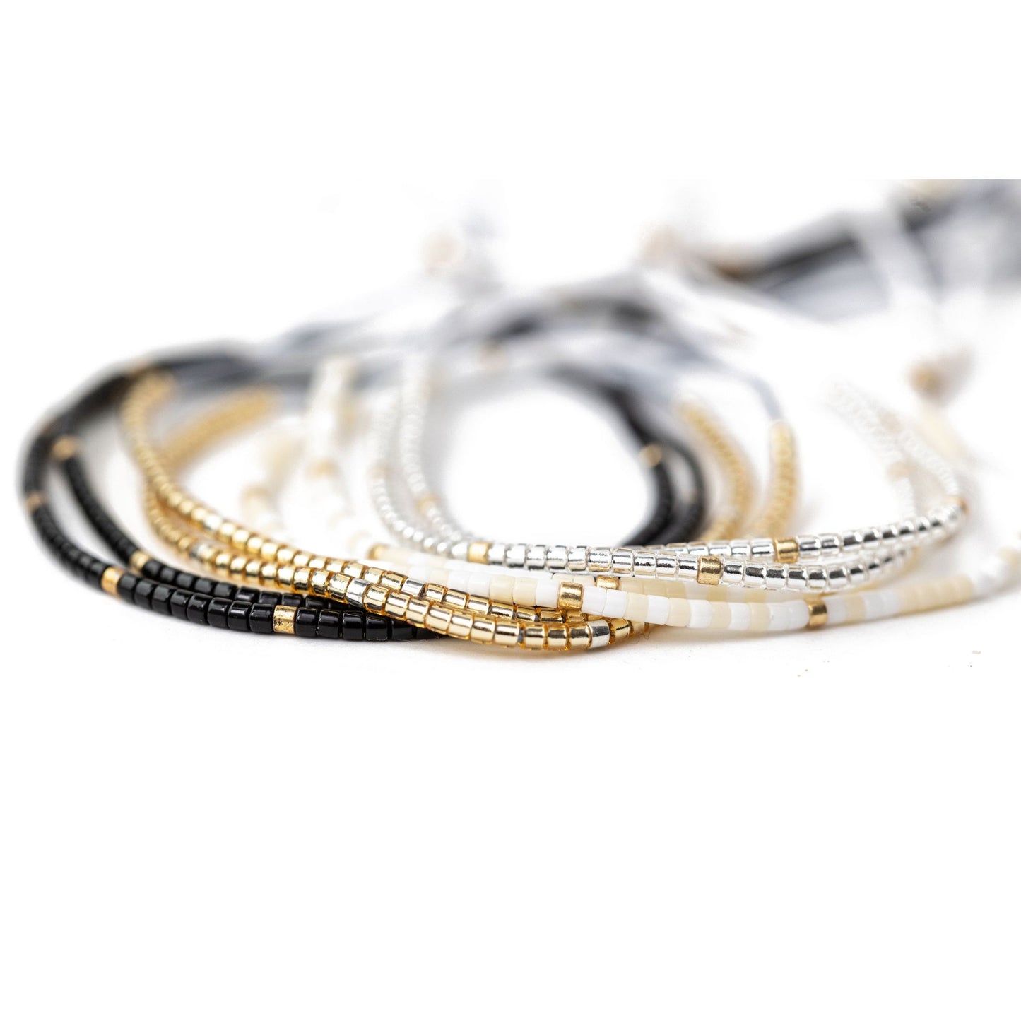 Beaded Friendship Bracelet Bundle Cool Neutrals - Silver, Gold, White and Black