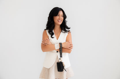 Model wearing Black Wrist Lanyard with Wallet