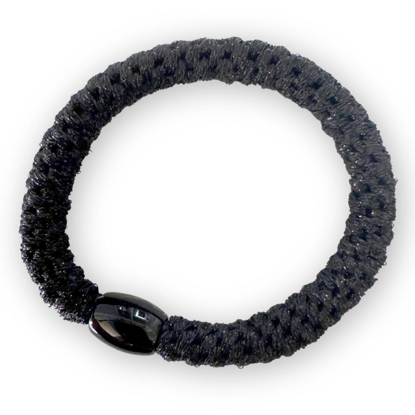 Black braided hair tie on a white background