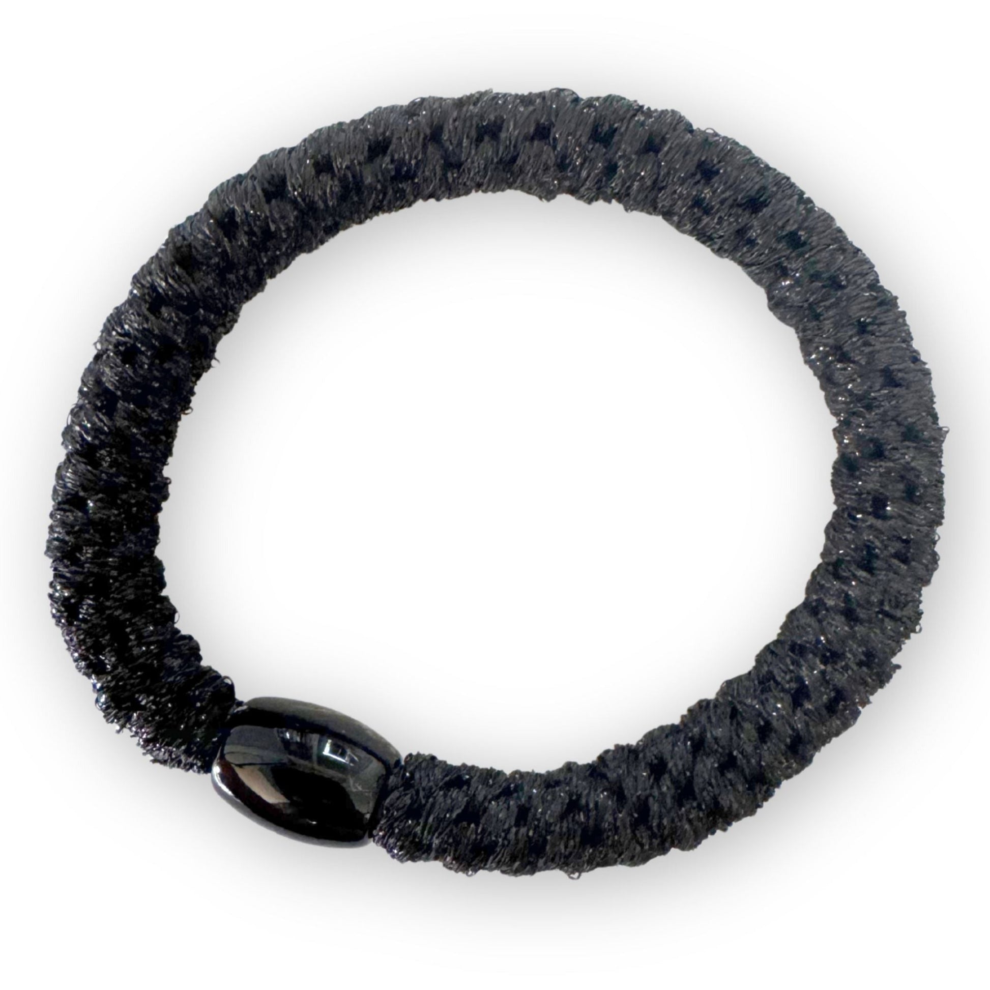 Black braided hair tie on a white background