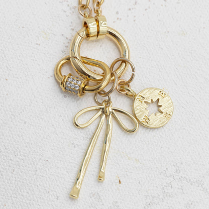 Gold Charm Chain Necklace with Carabiner, Bow and Compass Charms