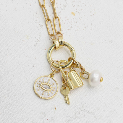 Gold Charm Necklace Charm with Evil Eye, Lock and Key and Pearl Charms