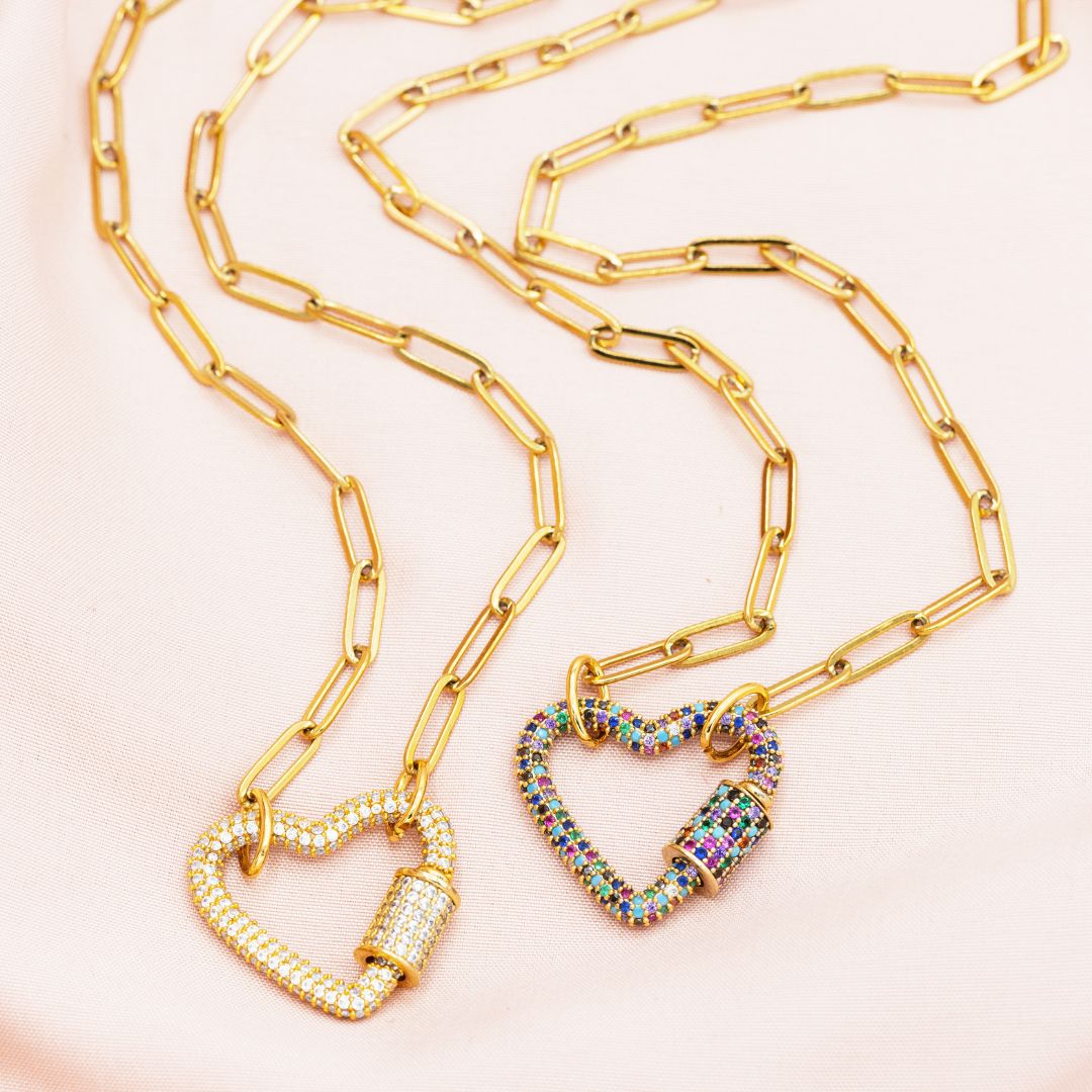 White and Mixed Heart Carabiner Charms on Gold Chain