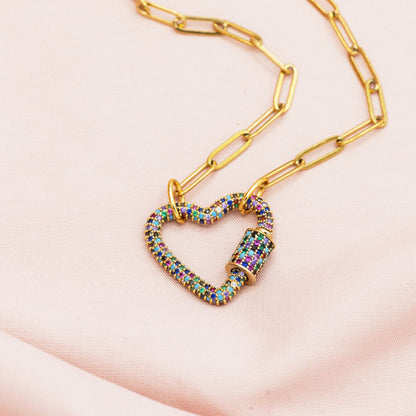 Mixed Heart Carabiner on Gold Paperclip Chain
