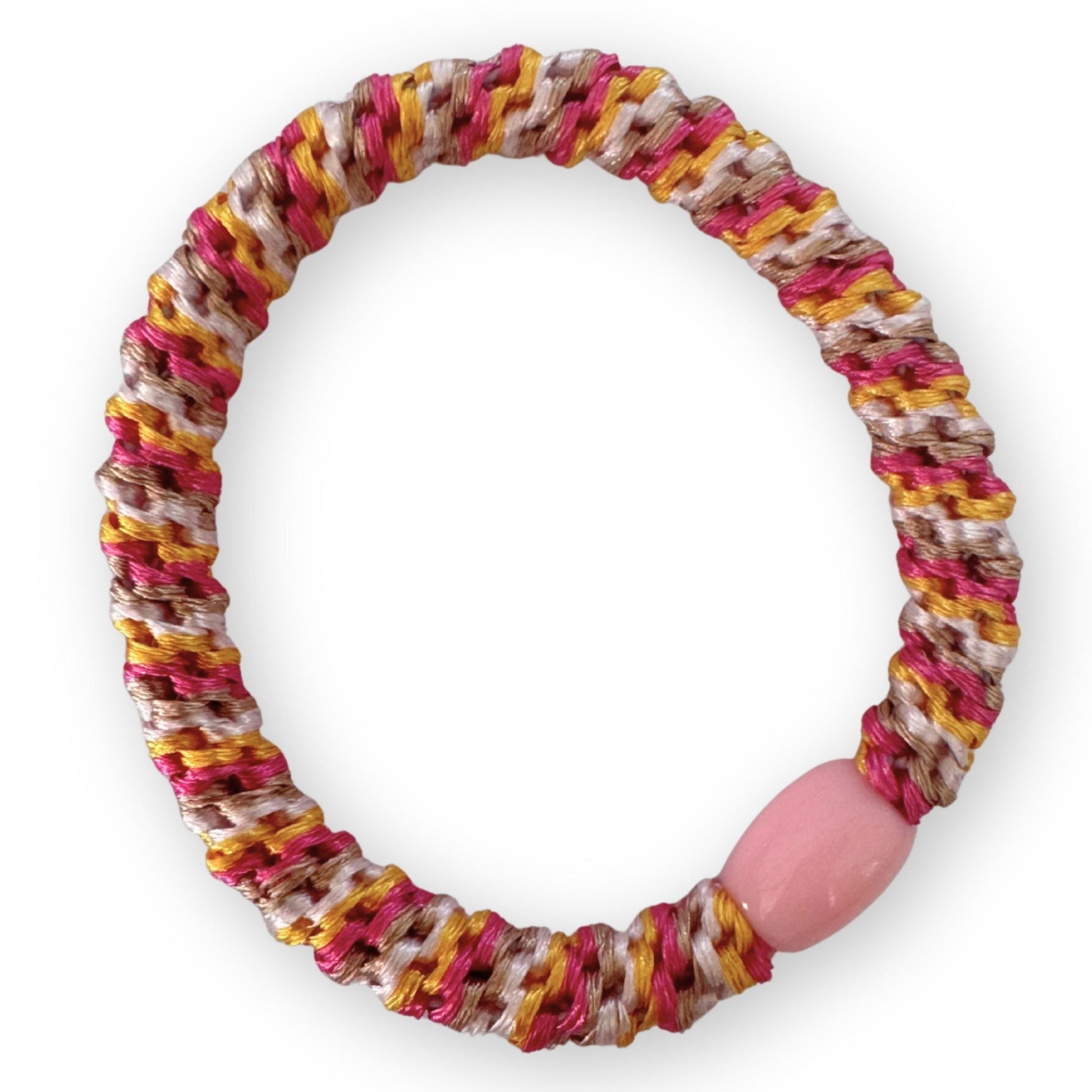 Multicolored braided hair tie with a pink bead on a white background