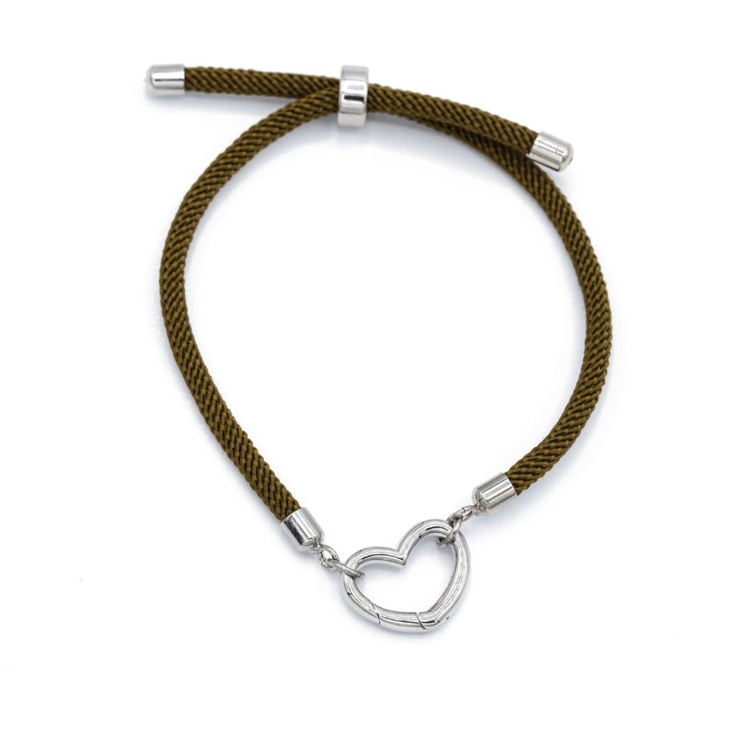 Olive Paracord Bracelet with silver accents and Silver Heart Carabiner