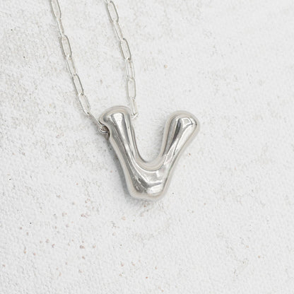 Silver Bubble Letter V Necklace