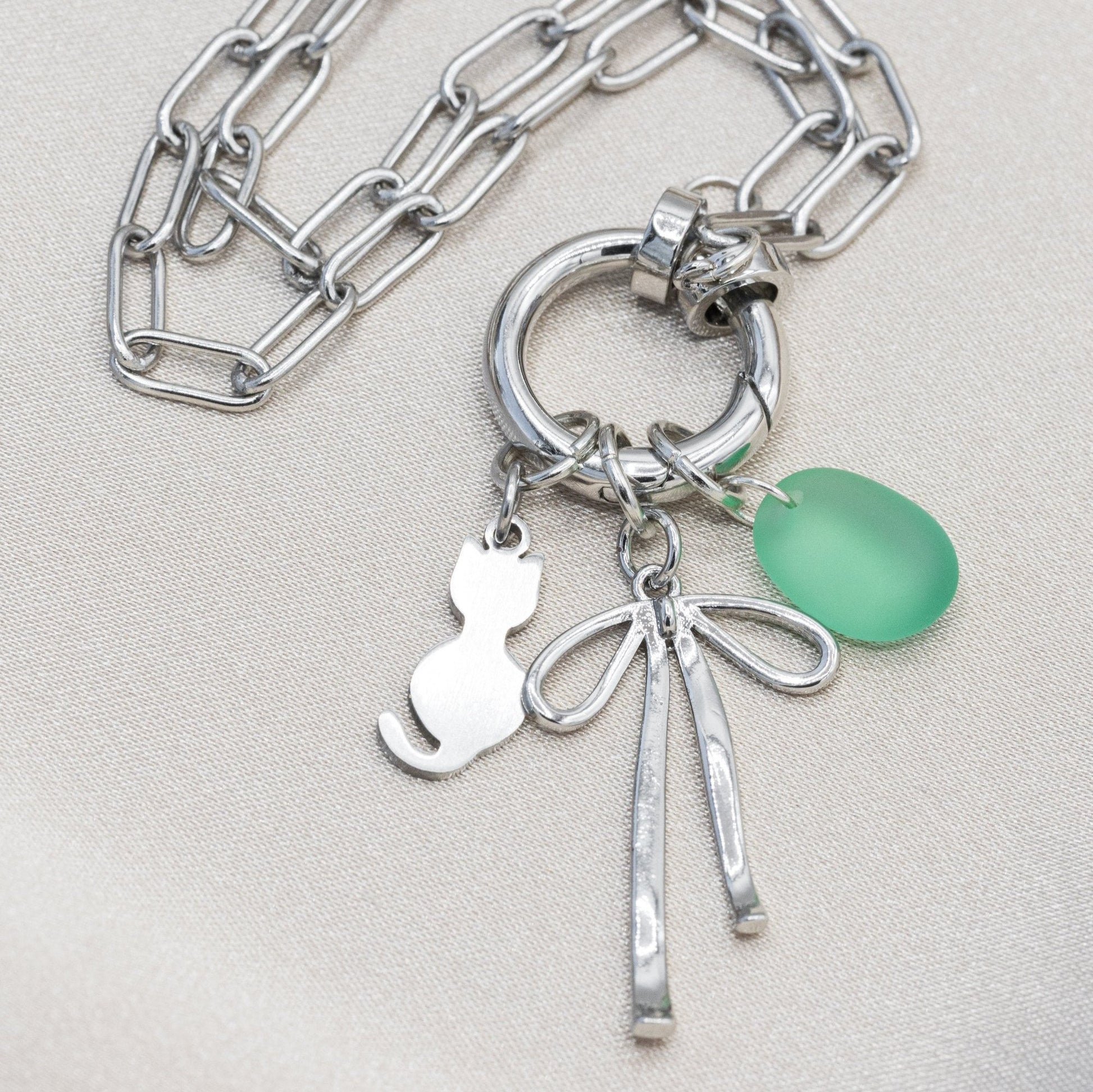 stainless Steel Necklace Chaain with Cat, Bow And Beach Glass Charm