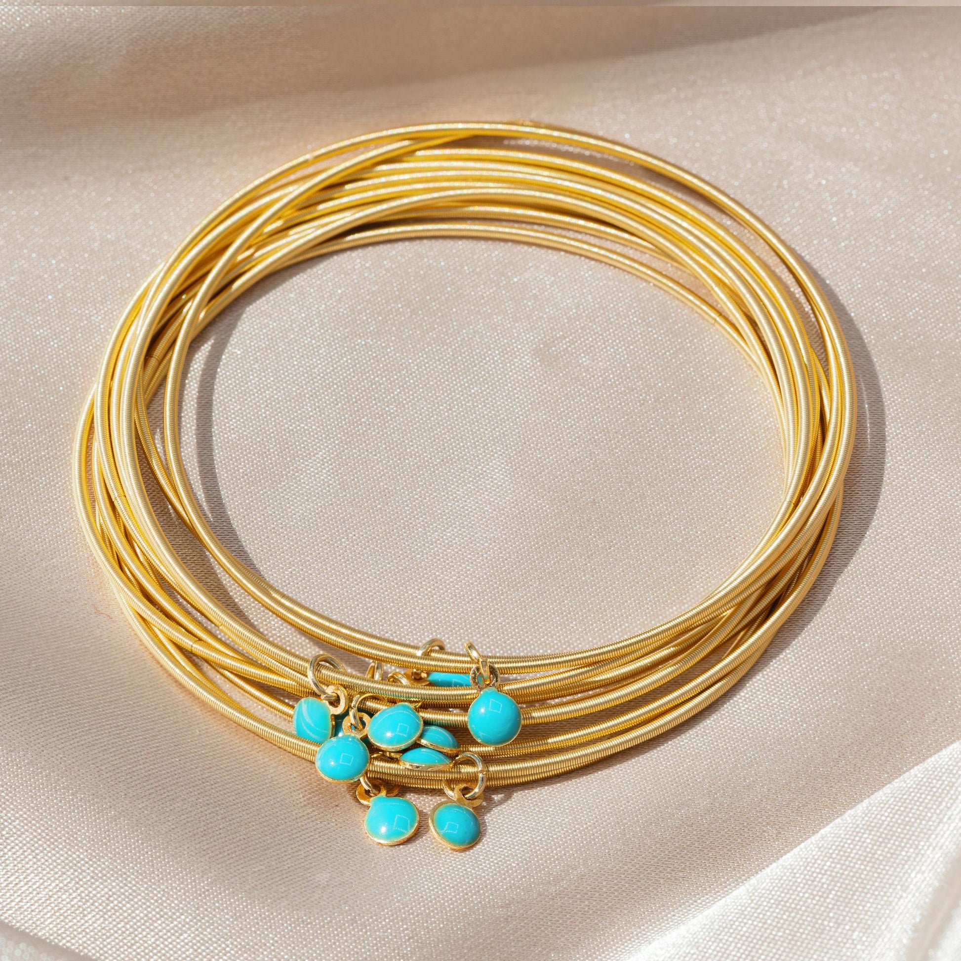 Turquoise Enamel Disc Charms on Gold Dia