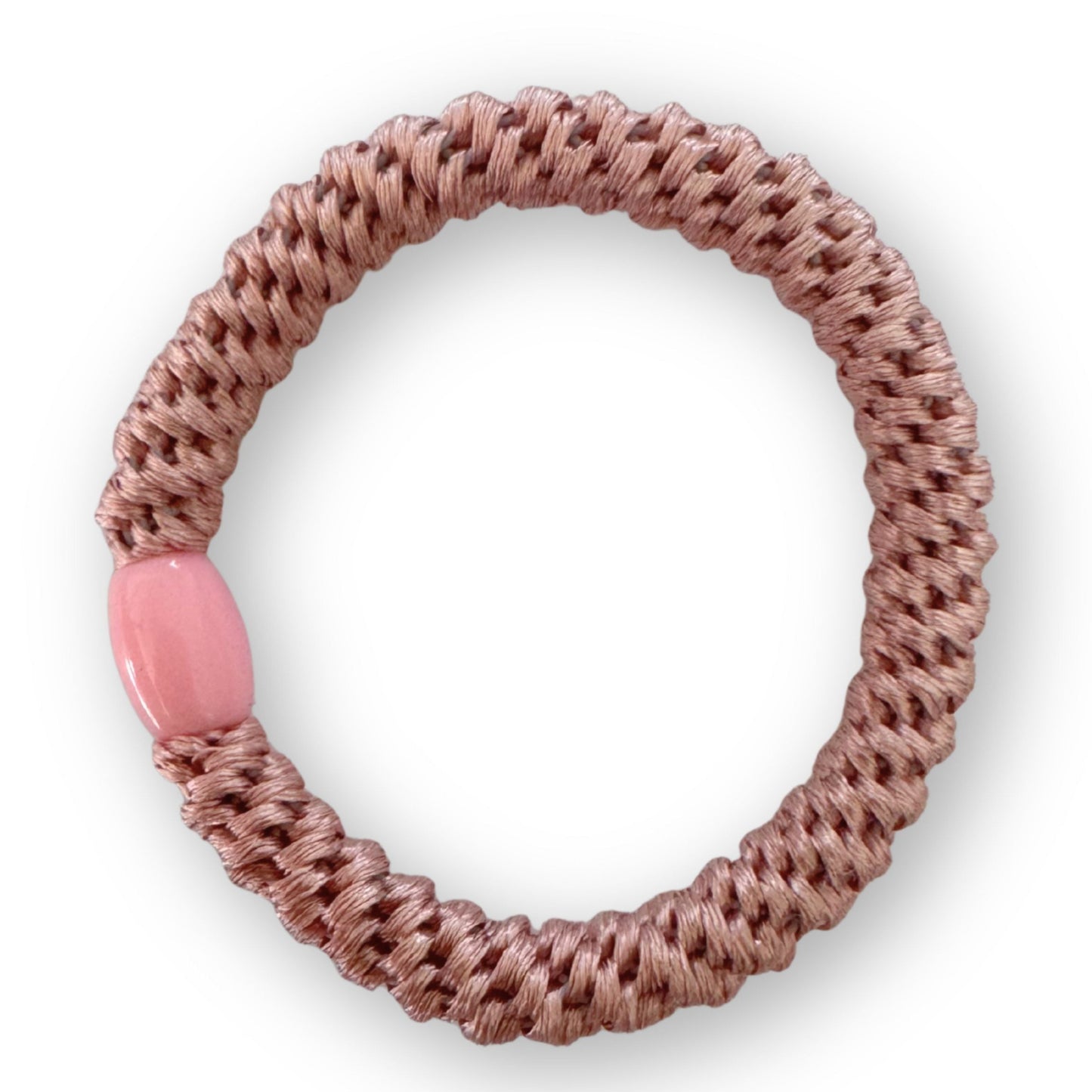 blush woven hair tie with a pink bead on a white background