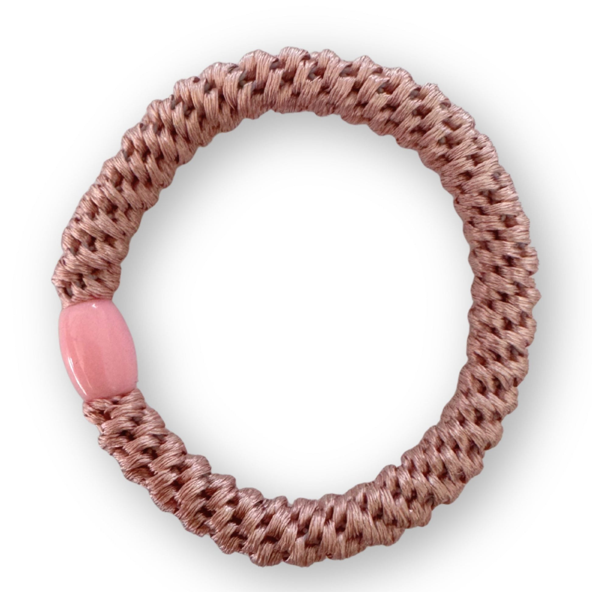 blush woven hair tie with a pink bead on a white background