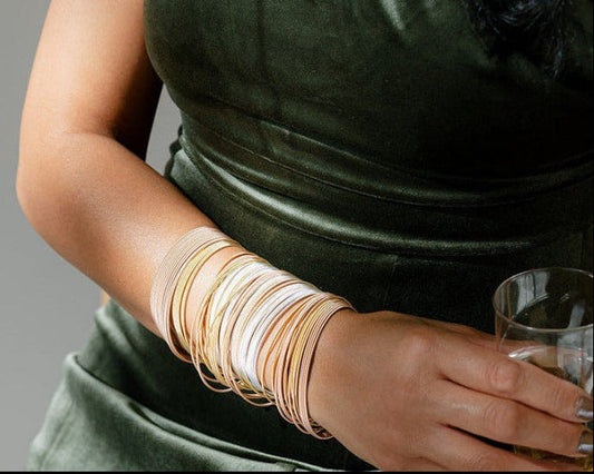 Fit reference: 6″ wrist wearing 6.5″ DIA (closer fit) and 7″ DIA (bangle-style fit)