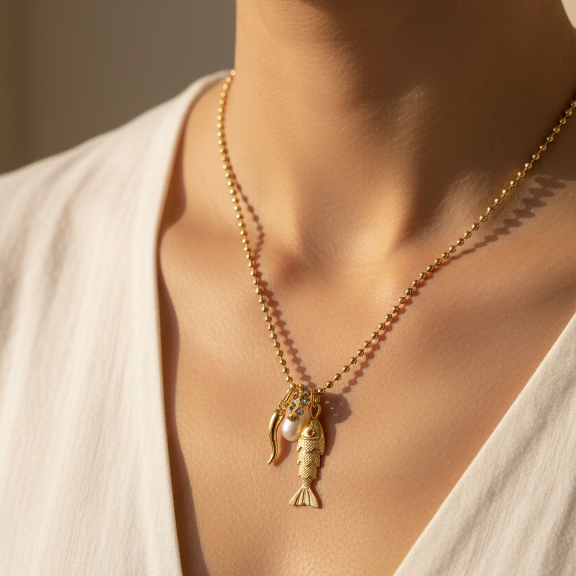 Gold Ball Chain Necklace with Charms on Model