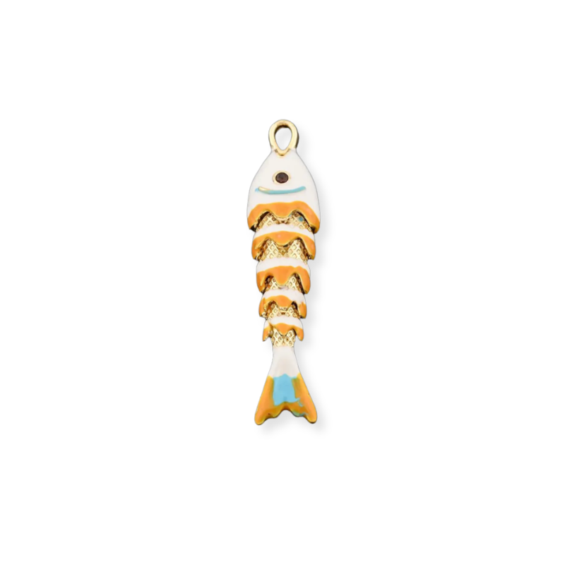 Golden Yellow Sardine Charm with ivory and blue enamel accents